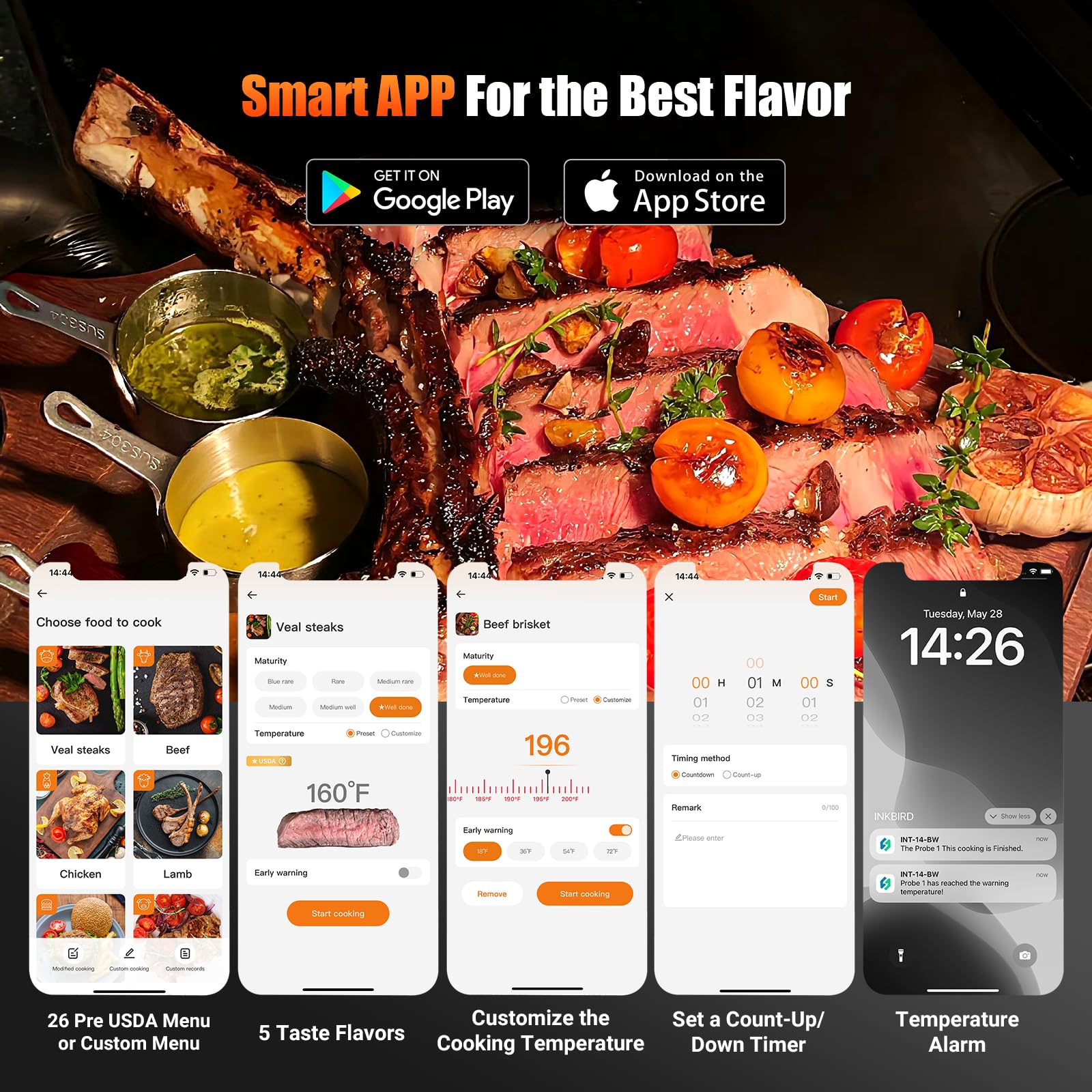 4-Probe WiFi Wireless Meat Thermometer with 360°Readable LCD Standalone Base, WiFi and Bluetooth 5.3 Unlimited Range, IPX8 Waterproof Food Kitchen Thermoemter for BBQ, Grill, Smoker, Oven, Rotisserie - CookCave