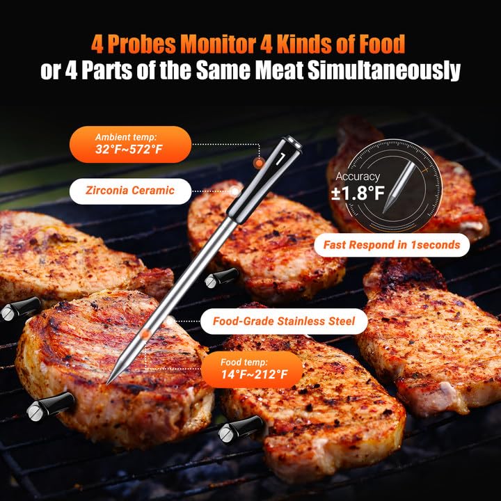 4-Probe WiFi Wireless Meat Thermometer with 360°Readable LCD Standalone Base, WiFi and Bluetooth 5.3 Unlimited Range, IPX8 Waterproof Food Kitchen Thermoemter for BBQ, Grill, Smoker, Oven, Rotisserie - CookCave