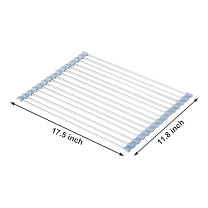 MECHEER Over The Sink Dish Drying Rack, Roll Up Dish Drying Rack Kitchen Dish Rack Stainless Steel Sink Drying Rack, Foldable Dish Drainer, 17.5''x11.8''