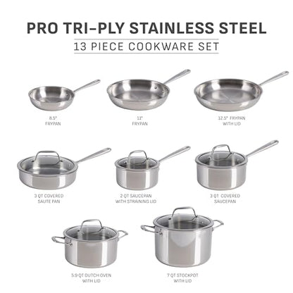 T-fal Pro Tri-Ply Stainless Steel Cookware Set 13 Piece Induction Compatible, Oven Safe 500F, Lids 350F, Fast & Even Heat, Pots and Pans Set, Professional Quality, Kitchen Essentials, Silver