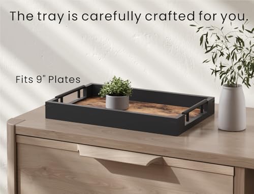 Fibogollo Wooden Serving Tray with Metal Handles,15x9.8in Ottoman Decorative Trays Platter for Coffee Table,Living Room,Bar,Party,Medium