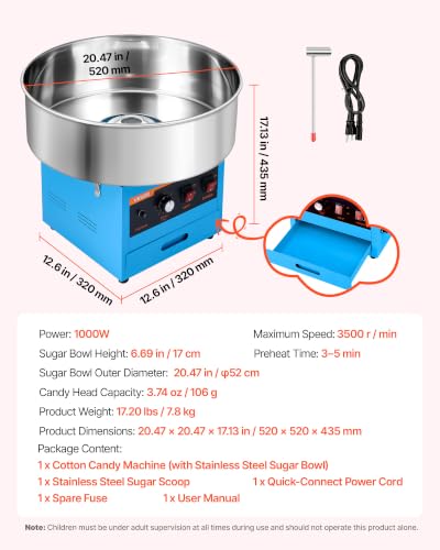 VEVOR Commercial Cotton Candy Machine, 1000W Electric Candy Floss Maker
