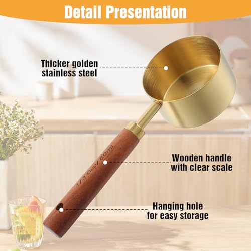 PercyEffie 8 Pcs Gold Measuring Cups and Spoons Set, Stainless Steel Measuring Cups with Wood Handles, 4 Stackable Wooden Measuring Cups and 4 Measuring Spoons Set for Kitchen Cooking and Baking