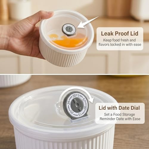14 oz Ceramic Ramekins with Lids, Set of 4 Oven Safe Porcelain Creme Brulee Ramekins for Baking, Souffle, Pudding, Dessert, Dip, Leftovers & Food Storage, (White)
