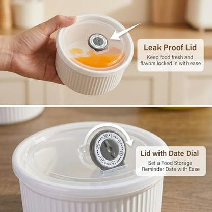 14 oz Ceramic Ramekins with Lids, Set of 4 Oven Safe Porcelain Creme Brulee Ramekins for Baking, Souffle, Pudding, Dessert, Dip, Leftovers & Food Storage, (White)