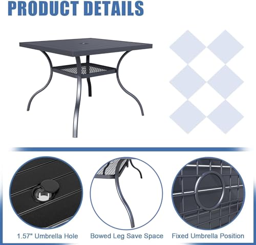 Crownland 5 Piece Patio Dining Set, 4 Stackable Metal Chairs and Square Outdoor Dining Table with 9FT Dark Blue Round Outdoor Umbrella (Metal Tabletop)