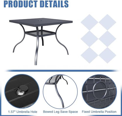 Crownland 5 Piece Patio Dining Set, 4 Stackable Metal Chairs and Square Outdoor Dining Table with 9FT Dark Blue Round Outdoor Umbrella (Metal Tabletop)