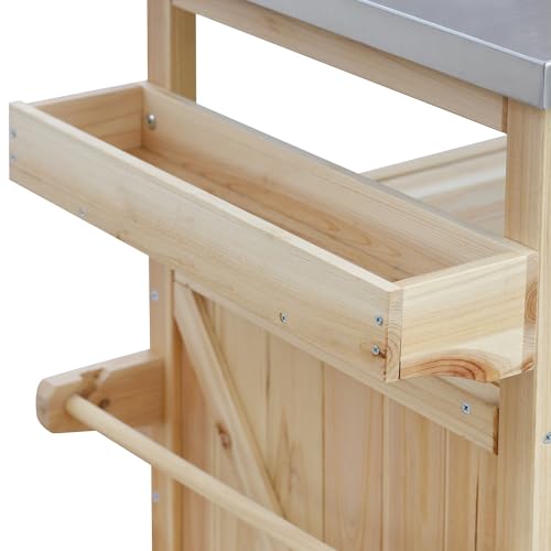 YOPTO Outdoor Kitchen Island,Rolling Bar Cart & Storage Cabinet,Solid Wood Outdoor Grill Table W/Stainless Steel Work Top,Spice Rack & Towel Rack,Easy to Clean for Kitchen,Poolside,Patio,BBQ,Natural