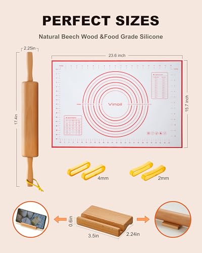 Classic Wood Rolling Pin, 17" Rolling Pins for Baking with Silicone Mat and Adjustable Thickness Rings, Pasta Roller with Wood Base, Fondant Roller for Pie Crust, Cookies, Pizza Dough and Bread