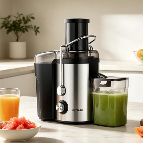 Panana Centrifugal Juicer Extractor with Wide Mouth 2.5” Feed Chute for Fruit Vegetable, Easy to Clean, Stainless Steel, BPA-free (Silver)
