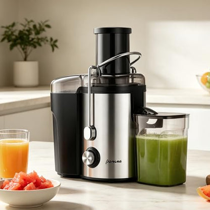 Panana Centrifugal Juicer Extractor with Wide Mouth 2.5” Feed Chute for Fruit Vegetable, Easy to Clean, Stainless Steel, BPA-free (Silver)