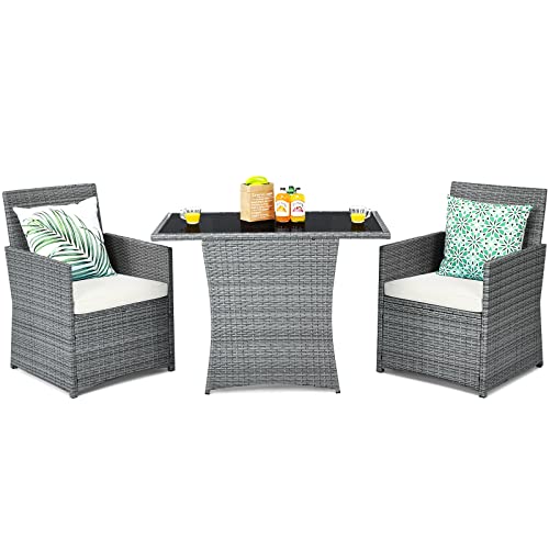 Tangkula 3 Pieces Patio Dining Set, Patiojoy Space-Saving PE Rattan Bistro Set with Tempered Glass Top Table and Cushioned Chairs, Outdoor Conversation Set for Garden, Backyard, Poolside, Porch