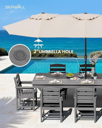SERWALL 9 Piece Outdoor Dining Set, 84" HDPE Outdoor Table and Chairs for 8，All Weather Patio Furniture Set with Umbrella Hole for Backyard, Garden, Gray