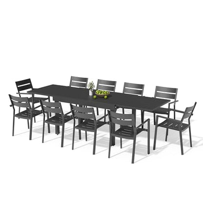 Pellebant 11-Piece Aluminum Outdoor Patio Dining Table Set for 10, Expandable Sturdy Table and Stackable Chairs with Armrest, Weather-Resistant for Deck Backyard Poolside