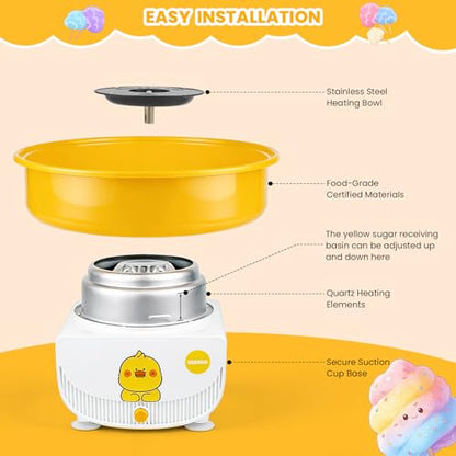 Cotton Candy Machine for Kids & Family, Mini Yellow Duck Electric Cotton Candy Maker with 11 Sticks & Sugar Scoop, Cute Cartoon Design for Birthday Christmas Party Gifts