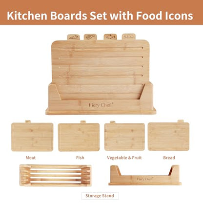 Fiery Chef 12.6"L x 9"W Bamboo Cutting Board Set of 4 - Wood Cutting Board Set with Holder, Chopping Boards Set with Food Icons, Juice Groove - Ideal for Meat, Fish, Bread, Vegetable, Fruit Chopping