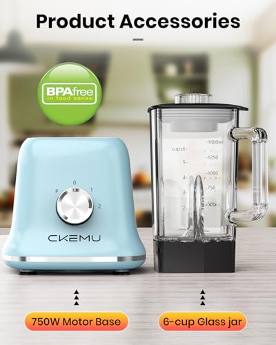 Countertop Blenders for Kitchen, Powerful Blender 25000 PRM with 58 Oz Glass Jar & To-Go Cup for Smoothies, Ice Crushing, Frozen Fruits, Milkshakes, Pulse Function, Self-Cleaning, 750 Watts