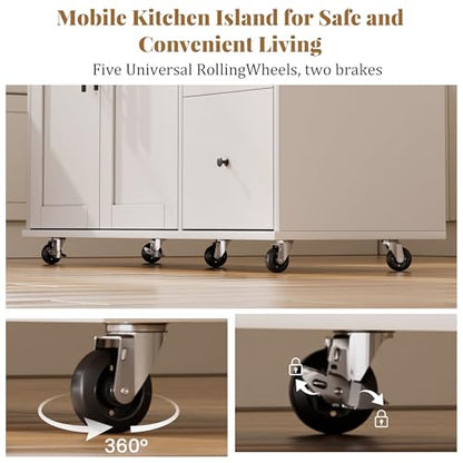 GRUSIGN Kitchen Island on Wheels with Storage-Multifunctional Kitchen Island Cart with Drop Leaf, Rolling Island with Spice/Towel Rack,Expandable Island Table Kitchen,39.37" Width,White