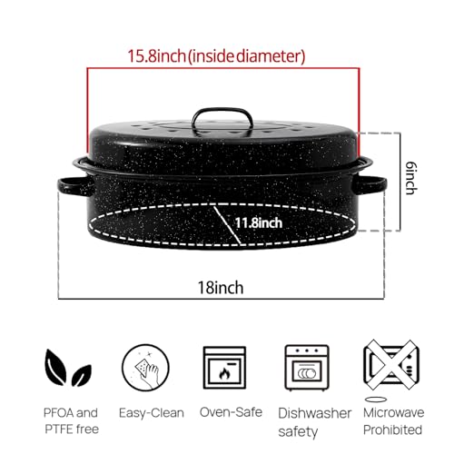 Turkey Roaster Pan 18in Roasting Pan With Lid Enamel Carbon Steel Roaster Pot with 16in Inner Diameter,18 Pound Large Capacity High Temperature Resistance Oval Cookware