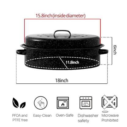 Turkey Roaster Pan 18in Roasting Pan With Lid Enamel Carbon Steel Roaster Pot with 16in Inner Diameter,18 Pound Large Capacity High Temperature Resistance Oval Cookware