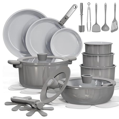 CAROTE 27pcs Ceramic Cookware Set Nonstick, Pots and Pans Set Non Stick, Non Toxic Cookware Detachable Handles, Dishwasher/Oven Safe, RV/Camping Cookware with Kitchen Utensils, Gray