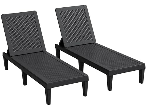 Greesum Outdoor Chaise Lounge Chairs Set of 2 with 5-Position Adjustable Backrest, Waterproof PP Sun Loungers for Garden Pool Beach Patio Deck Sunbathing, Black
