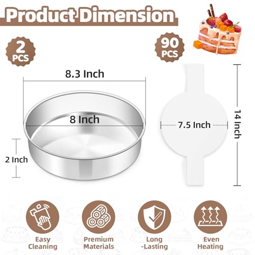 TeamFar 8 Inch Cake Pan Set of 2, Stainless Steel Layer Cake Baking Pans Tins with 90 Pcs Parchment Paper, Round Bakeware for Birthday Wedding, Non-Toxic & Healthy, Mirror Finish & Dishwasher Safe