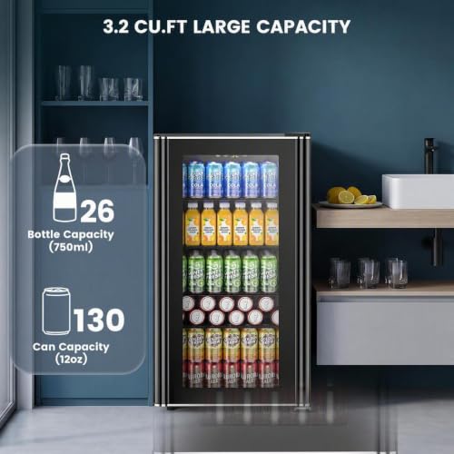 Electactic 26 Bottle Wine Cooler 130 Can Beverage Refrigerator, Small Freestanding Cabinet Wine Cellar with 40℉-61℉ Temperature Control Glass Door, Black