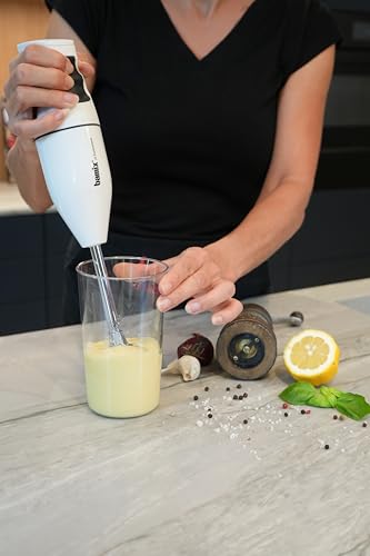 bamix® Classic Immersion Blender 150W – Swiss Made 2-Speed Hand Blender with 3 Blades (Multipurpose Blade, Beater & Whisk) for Soups, Smoothies, Purees & More – White
