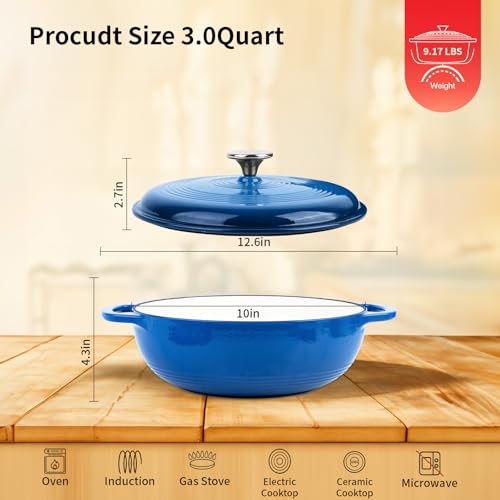 Enameled Cast Iron Braiser, 3 Quart Enameled Cast Iron Skillet with Lid, Oven Safe up to 500° F or on Stovetop, Suitable for Marinate, Cook, Bake, Refrigerate and Serve, Blue