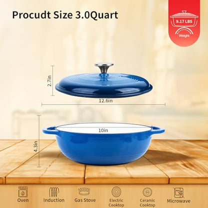 Enameled Cast Iron Braiser, 3 Quart Enameled Cast Iron Skillet with Lid, Oven Safe up to 500° F or on Stovetop, Suitable for Marinate, Cook, Bake, Refrigerate and Serve, Blue
