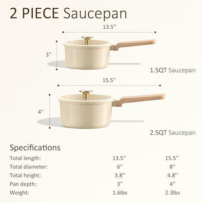CAROTE 1.5Qt & 2.5Qt Sauce Pan Sets with Lid Ceramic Nonstick Pot Set Non Toxic Saucepan with Stay-cool Handle Small Kitchen Cooking Pots, Easy to Clean, Induction Comptable, PFOA FREE