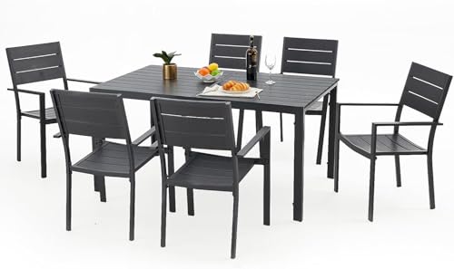 AECOJOY 7 Piece Outdoor Dining Set, 60" x 36" Aluminum Patio Table and Chairs Set for 6 with Rectangular Table and Stackable Chairs for Garden, Backyard, Black