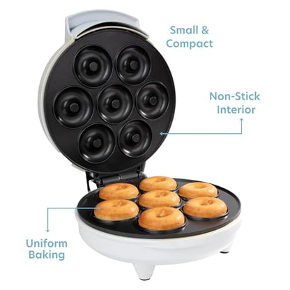 Mini Donut Maker- Electric Non-Stick Surface Makes 7 Small Doughnuts- Decorate, Frost, Ice Your Own for Kid Friendly Baked Dessert Treat - Cooking Activity for Adults with Recipe Guide, Easy Bake Gift