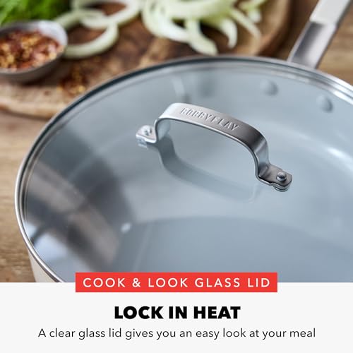 GreenPan x Bobby Flay 4.5QT Nonstick Saute Pan with Glass Lid, PFAS-Free Diamond Ceramic, Induction Suitable, Stay-Cool Silicone Handle, Easy Clean Dishwasher & Oven Safe, Cream