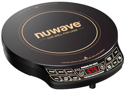 Nuwave Precision Induction Cooktop Gold, 12” Shatter-Resistant Ceramic Glass Surface, Large 8” Heating Coil, Portable, 96 Temp Settings 100°F to 575°F, 3 Wattage Settings 700, 900, and 1500 Watts