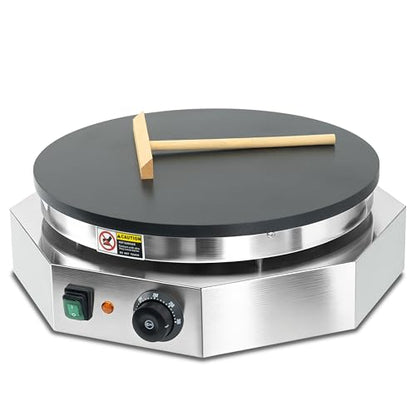 3000W Commercial Crepe Maker, 16" Non-Stick Electric Griddle with 0-300℃ Adjustable Temperature, Stainless Steel Pancake & Jianbing Machine with Wooden Spreader for Home, Snack Bar & Food Stall