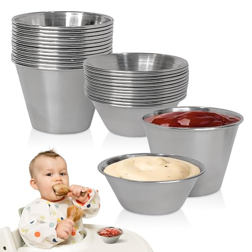 Party Pantry Stainless Steel Ramekins 24 Pack (1.5oz & 2.5oz) – Metal Dipping Sauce Cups, Condiment Cups, Small Metal Ramekins for Sauce, Ketchup, BBQ, Soy Sauce – Stackable Restaurant Portion Cups
