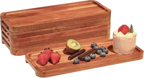 Wood Serving Trays Set of 6, 14 x 6 inch Acacia Wood Platters, Long Rectangular Wooden Trays for Charcuterie, Appetizers, Dessert, Party Serving & Kitchen Décor