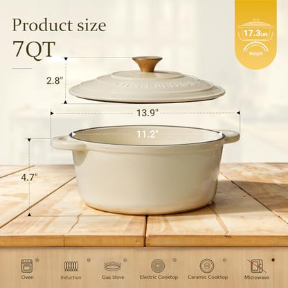 Overmont Enameled Cast Iron Dutch Oven - 7QT Pot with Lid Cookbook & Cotton Potholders - Heavy-Duty Cookware for Braising, Stews, Roasting, Sourdough Baking Cream White
