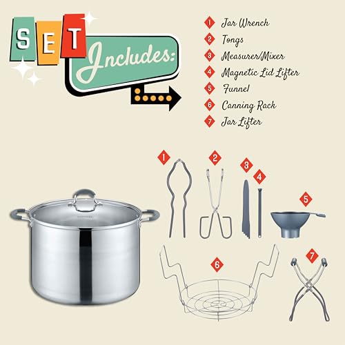 CONCORD 20 Quart Stainless Steel Canning Pot Set. Includes Canning Rack, Tongs, Jar Lifter, Funnel, Wrench, Lid Lifter, Mixer/Measurer (Induction Compatible)