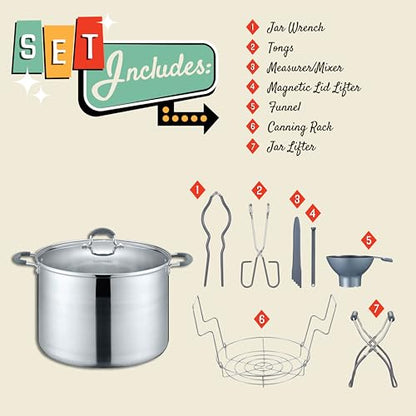 CONCORD 20 Quart Stainless Steel Canning Pot Set. Includes Canning Rack, Tongs, Jar Lifter, Funnel, Wrench, Lid Lifter, Mixer/Measurer (Induction Compatible)