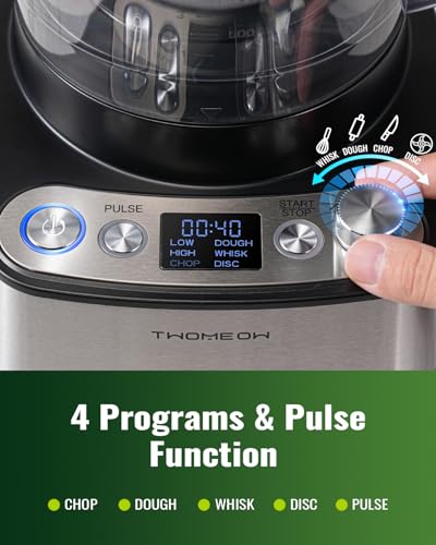 TWOMEOW Food Processor, 4 Programs & Pulse,1000W Max Power,12 Cups Total Volume for Slicing, Mincing, Dicing, Shredding, Puree, Dough and Vegetable Chopper Clean Bowl Scraper, Stainless Steel