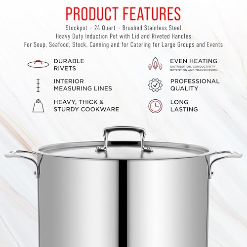 Stainless Steel Stockpot with Lid 24 Quart, Durable 18/8 Stainless Steel, Impact-Bonded Base for Even Heating, Riveted Handles, Oven & All Stove Compatible, Safe Up To 500°F (260°C)