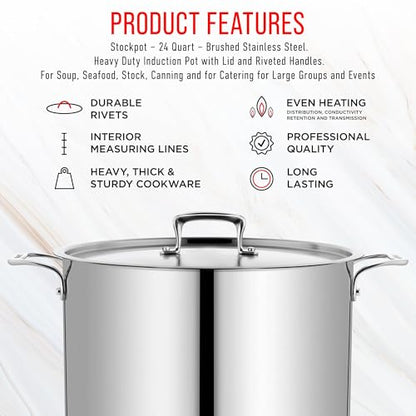 Stainless Steel Stockpot with Lid 24 Quart, Durable 18/8 Stainless Steel, Impact-Bonded Base for Even Heating, Riveted Handles, Oven & All Stove Compatible, Safe Up To 500°F (260°C)