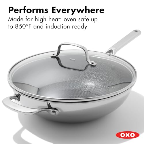 OXO Hybrid 12” Nonstick Wok with Glass Lid, PFAS-Free Ceramic Stir-Fry Pan, Induction & All Cooktop Compatible, Dishwasher Safe, Fusion Boost Tech for Powerful Searing, Mirror Polished Tri-Ply