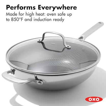 OXO Hybrid 12” Nonstick Wok with Glass Lid, PFAS-Free Ceramic Stir-Fry Pan, Induction & All Cooktop Compatible, Dishwasher Safe, Fusion Boost Tech for Powerful Searing, Mirror Polished Tri-Ply