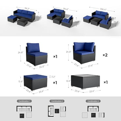 WWR Patio Furniture Set 5 Piece - Wide Armrests - All-Weather Wicker Rattan Outdoor Patio Conversation Couch Sets, Modular Sectional Sofa for Garden, Patio, Poolside, Backyard, Balcony, Porch