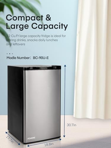 FOHERE 3.2 Cu. Ft Small Refrigerator with Freezer, Compact Mini Fridge with 7 Level Temperature Control, Removable Glass Shelves for Bedroom, Office, Dorm, Stainless Steel, BC-90U-E