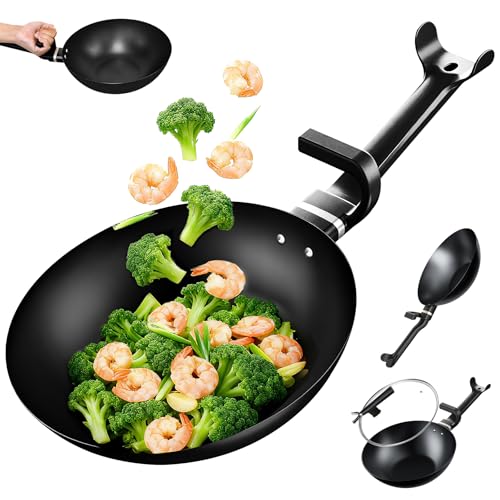 KALAWW Carbon Steel Wok Pan, Non-stick sauté pan Nitriding Process,13 Inch Woks & Stir-fry Pans Nonstick with Ergonomic Handle, Cookware, Pots and Pans,Versatile Bottom Chinese Woks for All Stoves